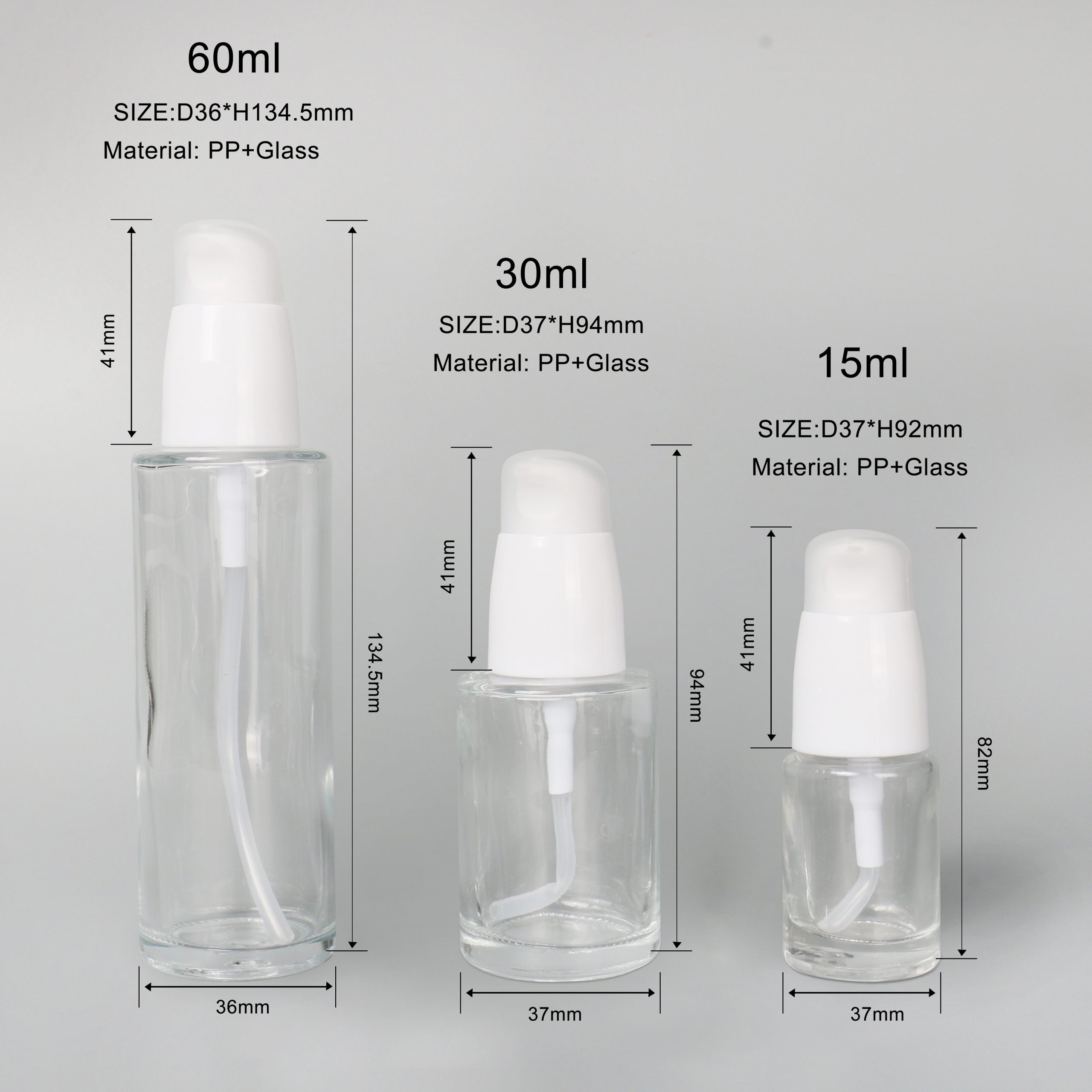 Eco Friendly 30ml 60ml 100ml Round Cosmetic Packaging Clear Empty Face Serum Pump Lotion Foundation Bottle Glass Serum Bottle With Pump