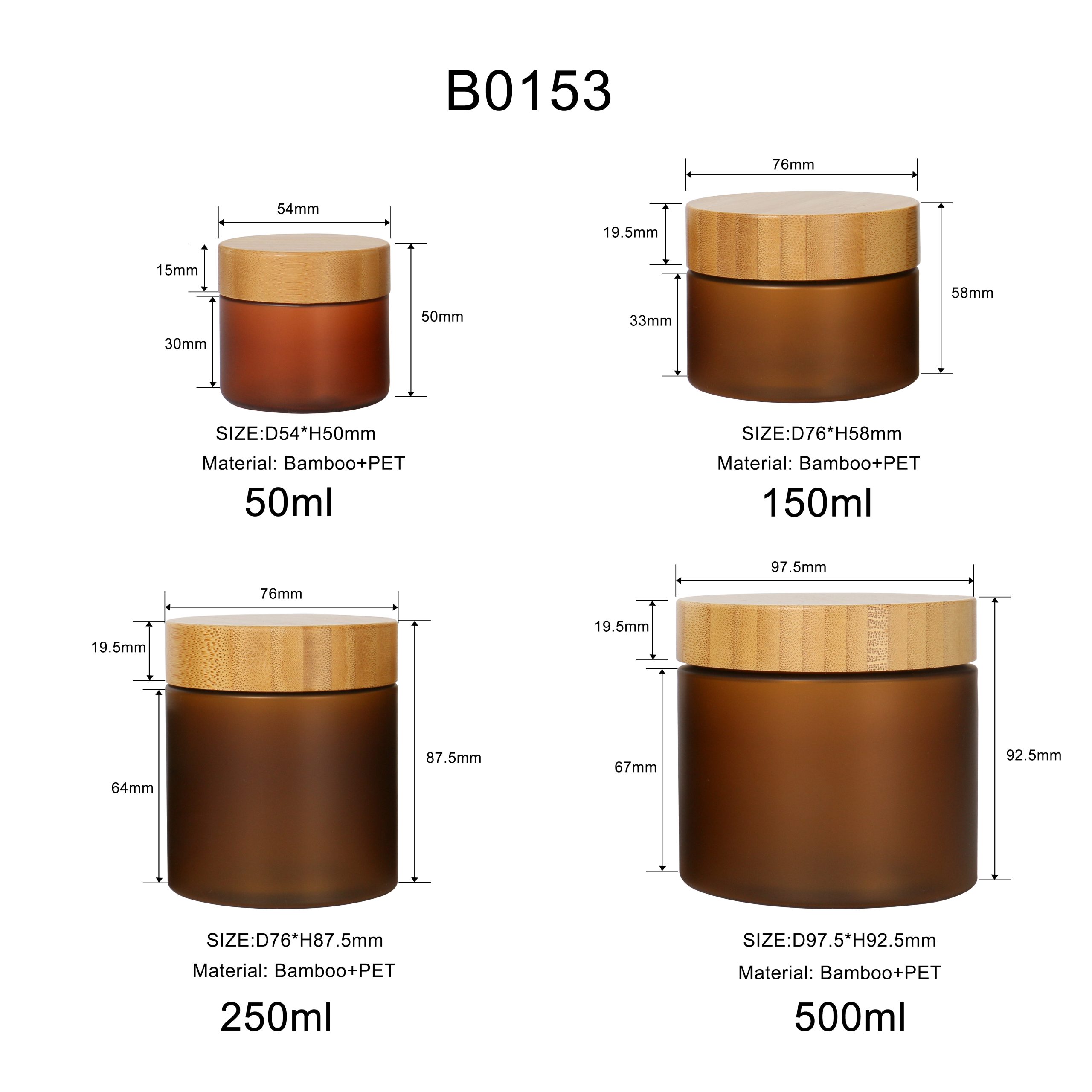 Cosmetic Packaging 50ml 150ml 250ml 500ml Frosted Clear Amber Scrub Body Butter Pet Plastic Cream Jar With Bamboo Lid