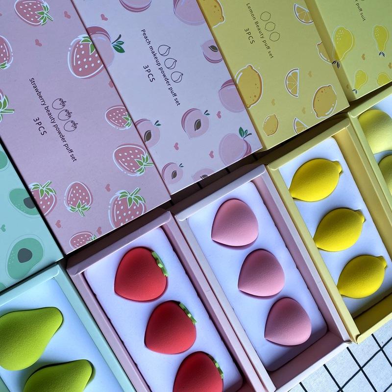 3Pcs Strawberry Peach Pear Lemon Avocado Don’t Eat Powder Fruit Makeup Egg Set Non-Latex Makeup Sponge With Box