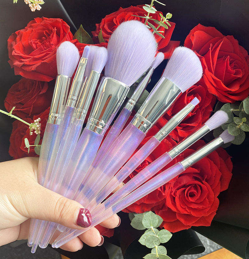 10pcs Purple Private Label Crystal Custom Logo Transparent Clear Quartz Handles Makeup Brushes Set