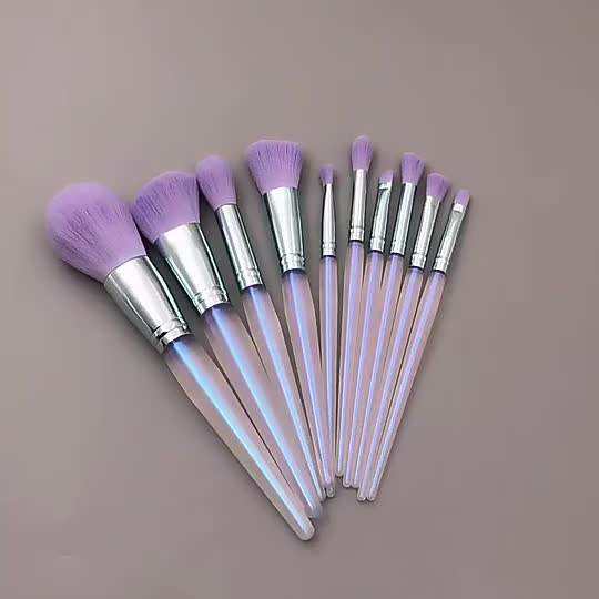 10pcs Purple Private Label Crystal Custom Logo Transparent Clear Quartz Handles Makeup Brushes Set