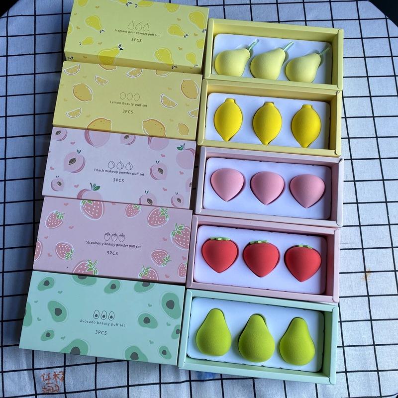 3Pcs Strawberry Peach Pear Lemon Avocado Don’t Eat Powder Fruit Makeup Egg Set Non-Latex Makeup Sponge With Box