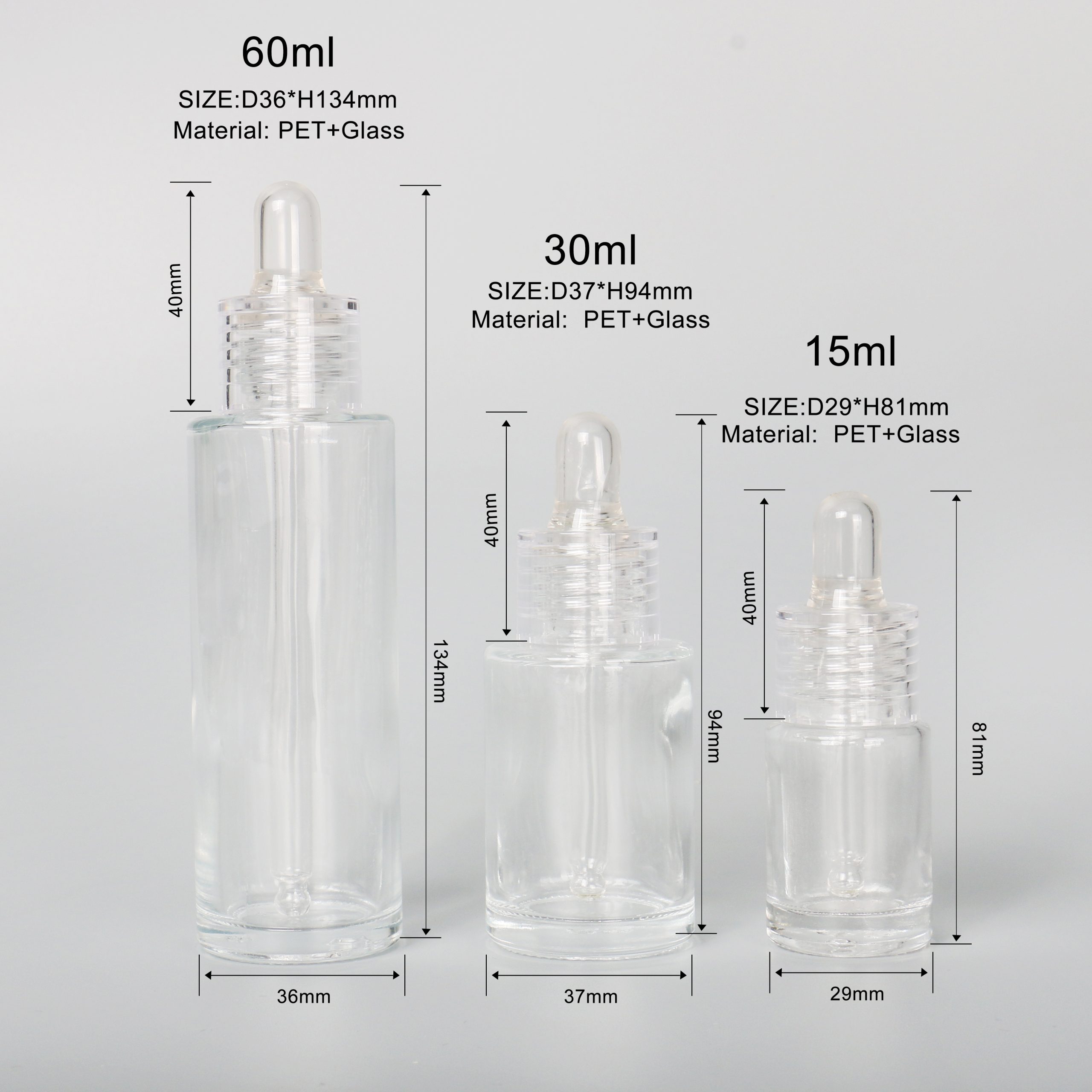 15ml 30ml 60ml Essential Oil Bottle Round Clear Glass Flat Shoulder Serum Dropper Glass Bottle