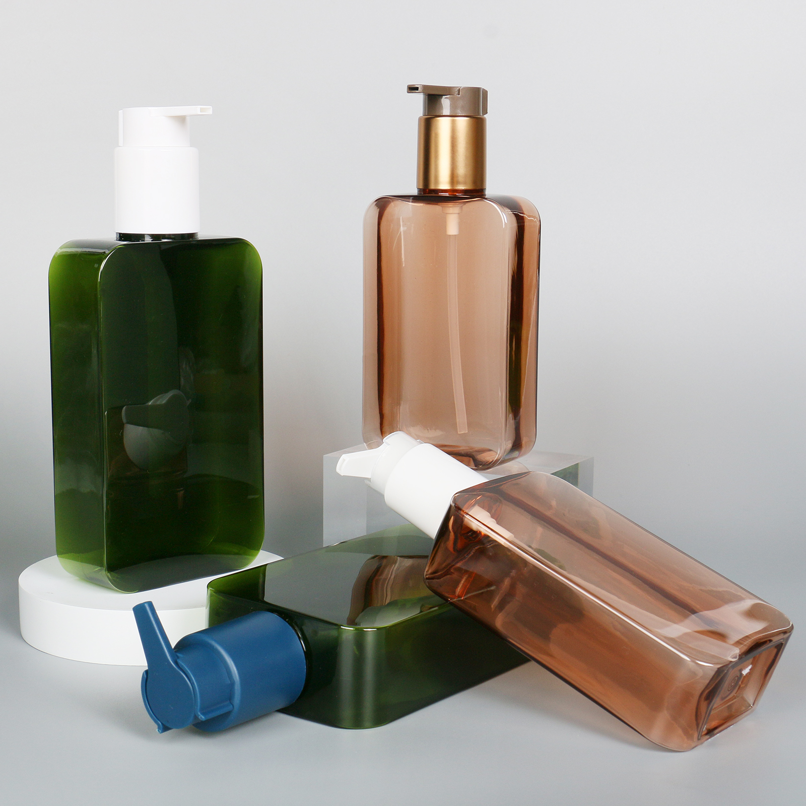 Empty PETG 200ml 300ml Shower Gel Plastic Bottle Hair Care Brown Green Flat Square Shampoo Lotion Pump Plastic Bottle