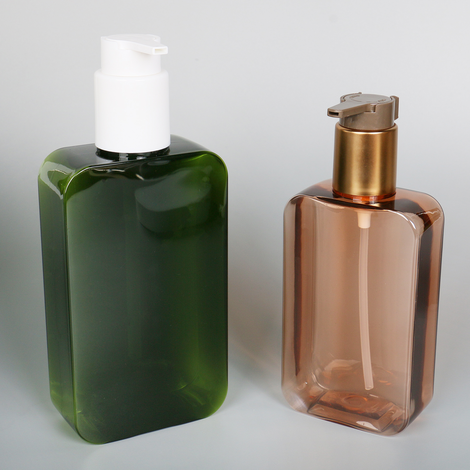 Empty PETG 200ml 300ml Shower Gel Plastic Bottle Hair Care Brown Green Flat Square Shampoo Lotion Pump Plastic Bottle