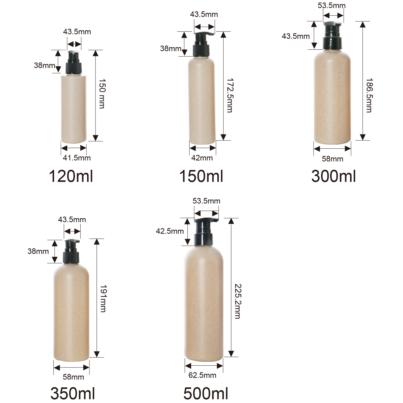 120ml 150ml 300ml 350ml 500ml Eco Friendly Biodegradable Cosmetic Container Wheat Straw Plastic Shampoo Pump Bottle