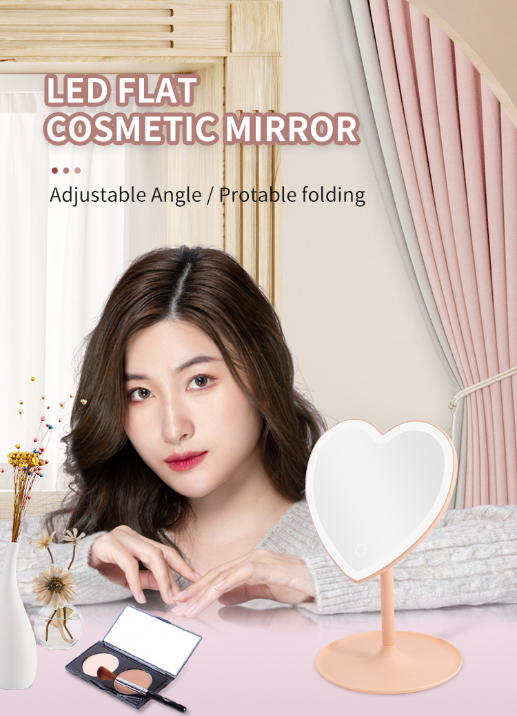 Adjustable Heart Shaped LED Light Make Up Mirror Screen Touch Table Vanity Mirror With Round Tray