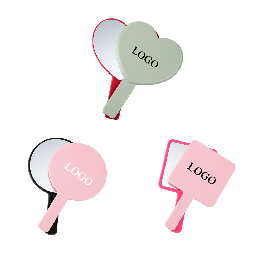 Heart Round Square Shapes Customized Logo Cosmetic Mirror Private Label Plastic Portable Handheld Makeup Mirror With Handle