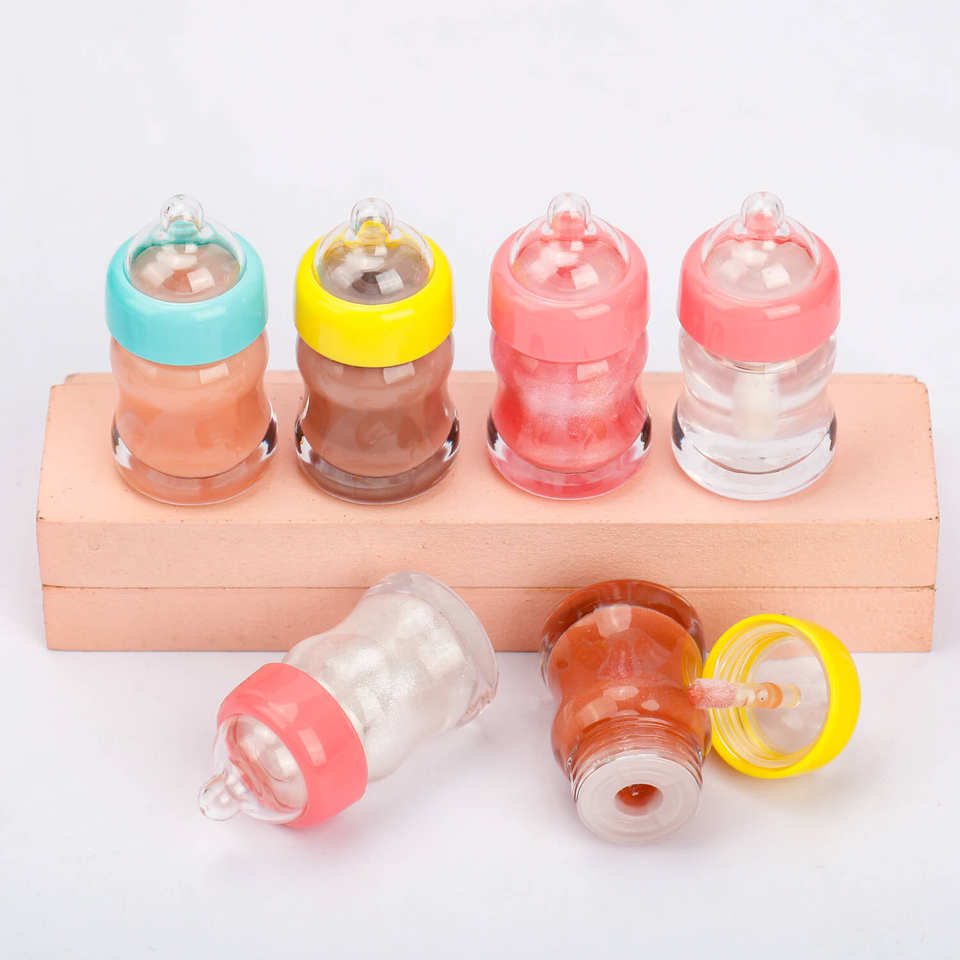 Customized Colors Milk Feeding Bottle Shape Velvet Matte Jelly Glossy Lipgloss Private Label Cute Baby Bottle Lip Gloss