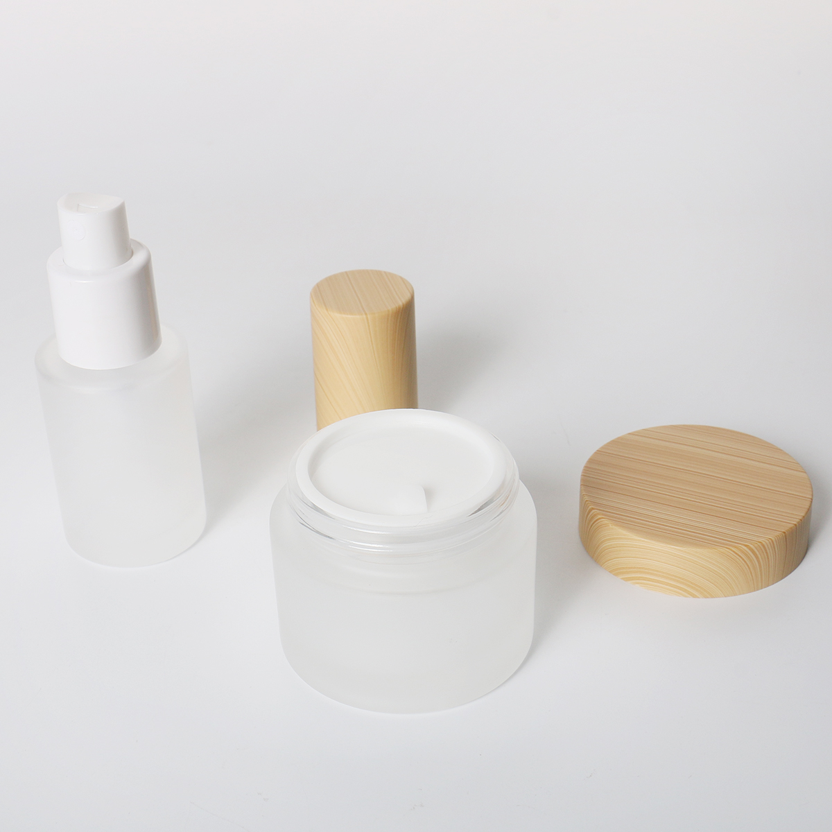 Bamboo Pattern 50ml Glass Jar 30ml Cosmetic Lotion Pump Glass Bottle Sets For Skincare Face Cream Lotion Bottle