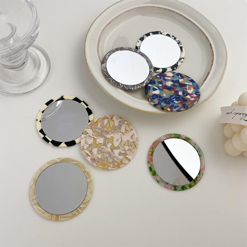 Floral Marble Grain Eco-friendly Portable Small Vanity Mirror Travel Mini Round Compact Acetate Makeup Mirror