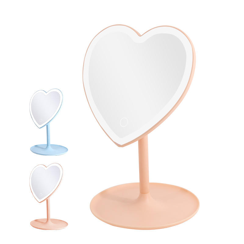 Adjustable Heart Shaped LED Light Make Up Mirror Screen Touch Table Vanity Mirror With Round Tray