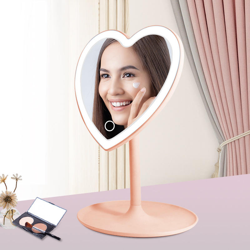 Adjustable Heart Shaped LED Light Make Up Mirror Screen Touch Table Vanity Mirror With Round Tray