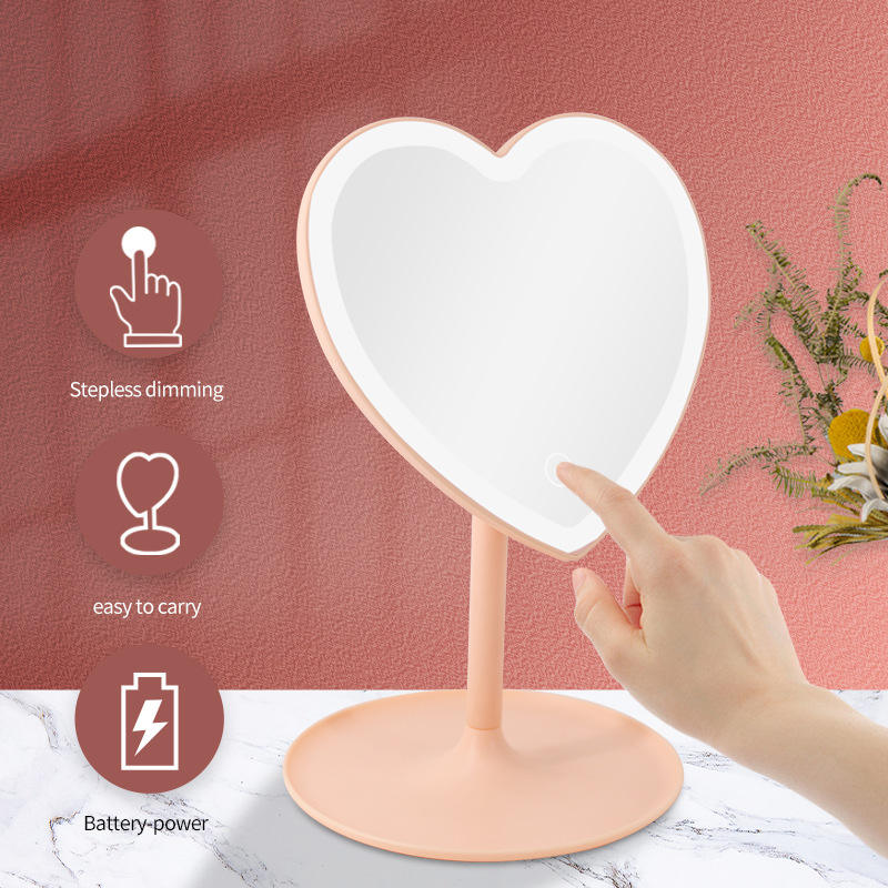 Adjustable Heart Shaped LED Light Make Up Mirror Screen Touch Table Vanity Mirror With Round Tray