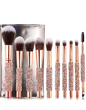 Rose Golden Glitter Handle 10pcs Makeup Brushes Crystal Diamond Foundation Brush Set With Pu Bag