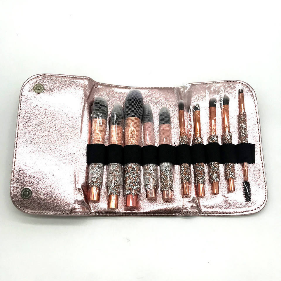 Rose Golden Glitter Handle 10pcs Makeup Brushes Crystal Diamond Foundation Brush Set With Pu Bag