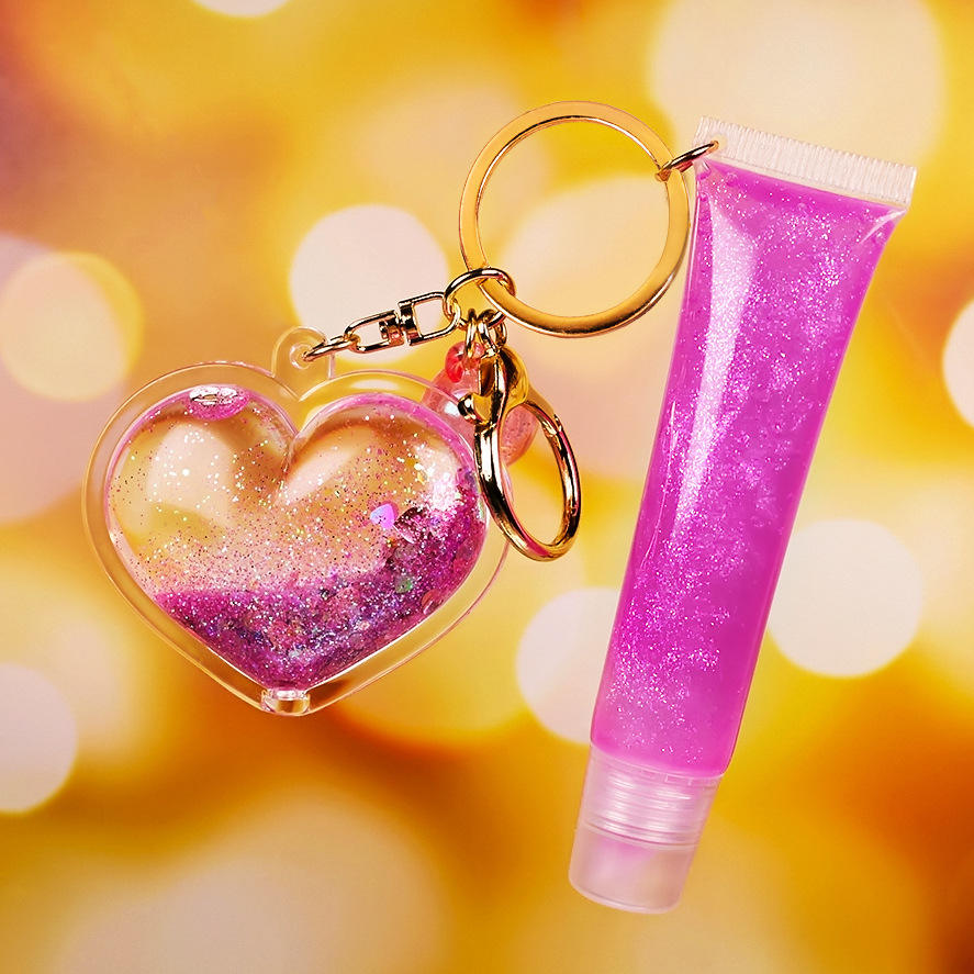 Private Label Fruit Flavor Kids Lip Oil Custom Logo Lipgloss Non Sticky Make Your Own Vegan Heart Key Chain Keychain Lip Gloss