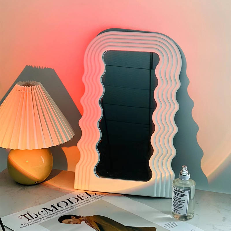 Tabletop Decoration Wavy Shaped Frame Glass Small Desktop Pink Wave Makeup Mirror Mini Vanity Ultrafragola Mirror