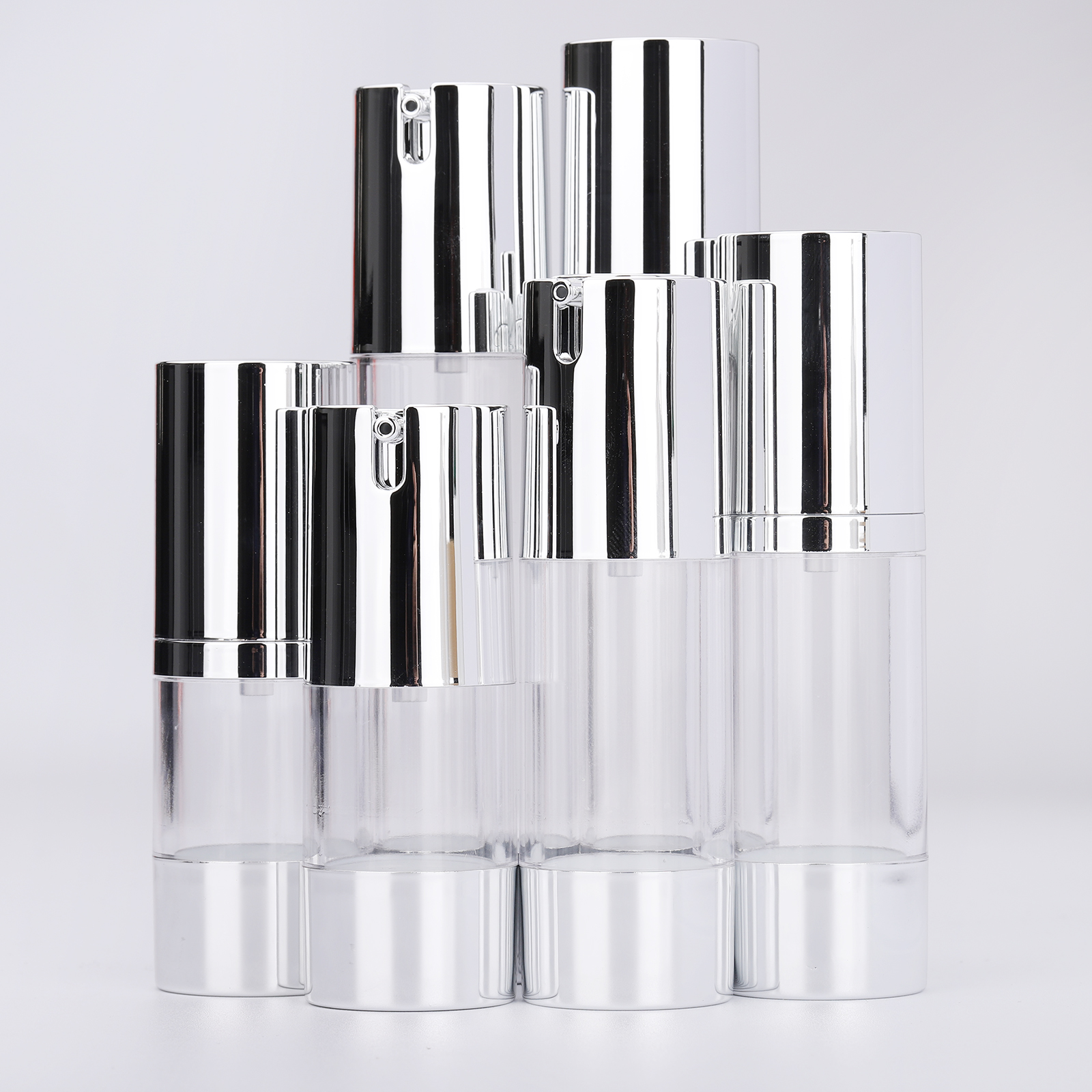 15ml 30ml 50ml Wholesale Transparent Cosmetic Matte Silver Plastic Sprayer Airless Pump Bottle Cosmetic