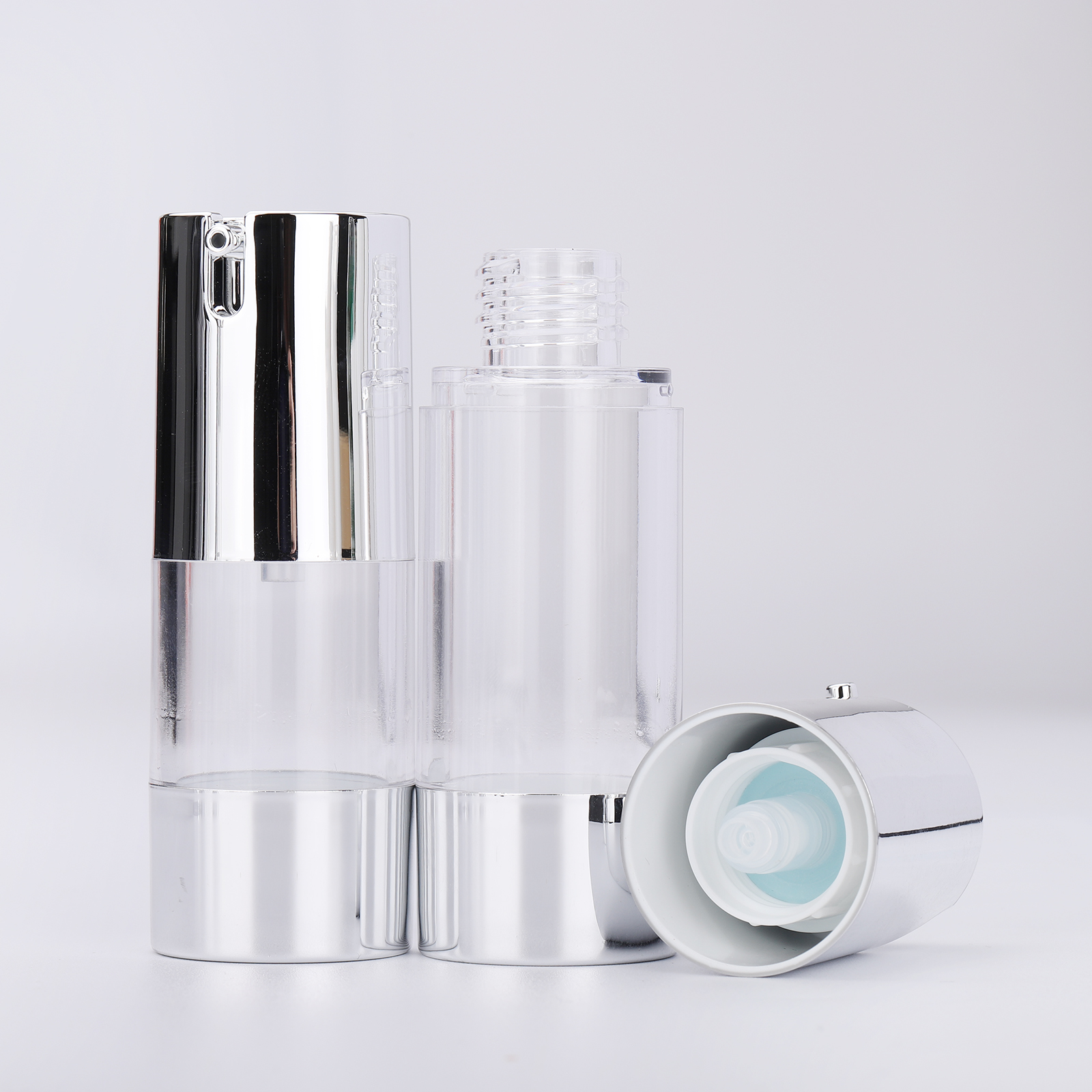 15ml 30ml 50ml Wholesale Transparent Cosmetic Matte Silver Plastic Sprayer Airless Pump Bottle Cosmetic