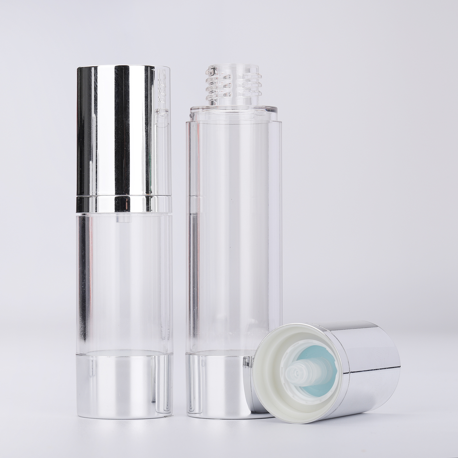 15ml 30ml 50ml Wholesale Transparent Cosmetic Matte Silver Plastic Sprayer Airless Pump Bottle Cosmetic