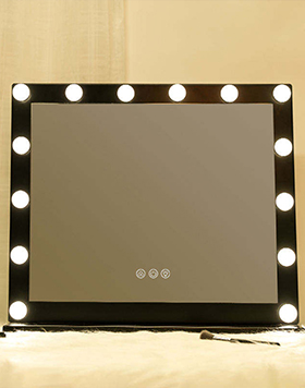 Touchscreen 14 Pcs Led Lights Cosmetic Makeup Black Large Table Hollywood Vanity Mirror With Light Bulbs