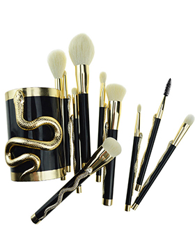 Snake Decoration Golden Luxury Synthetic Hair Makeup Brush Set Of 10 Pieces With Holder