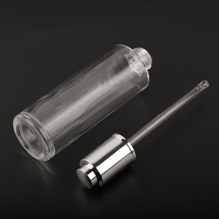 Custom Silver Lid Pressed Pump Glass Dropper 30ml 50ml 80ml Empty Glass Serum Bottle