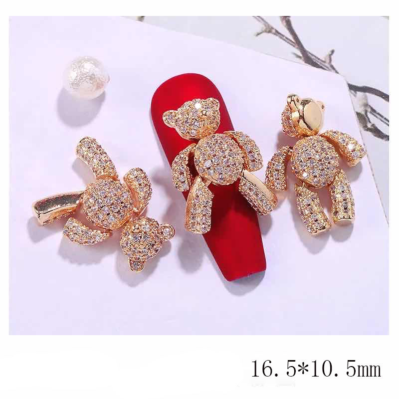 Shining Rhinestones Nail Decorations Silver Rose Gold Zircon Bear Nail Charms With Movable Limbs And Head