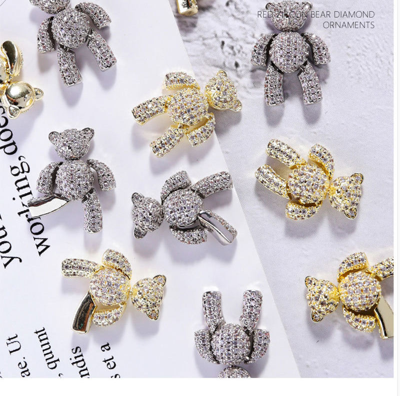 Shining Rhinestones Nail Decorations Silver Rose Gold Zircon Bear Nail Charms With Movable Limbs And Head