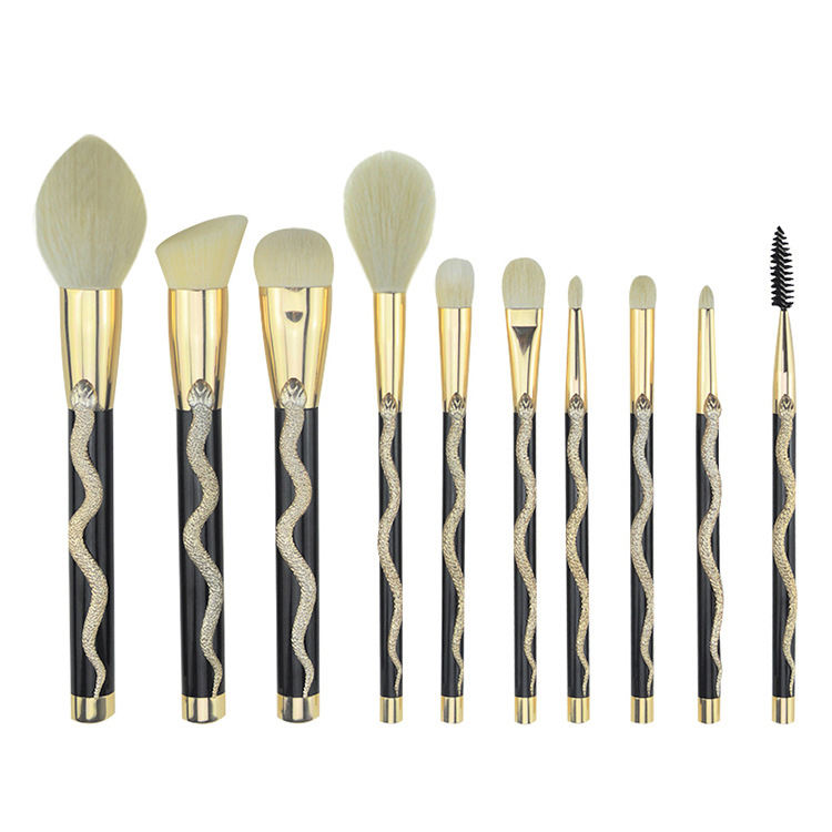 Snake Decoration Golden Luxury Synthetic Hair Makeup Brush Set Of 10 Pieces With Holder