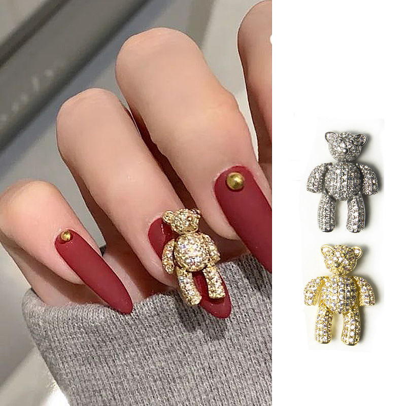 Shining Rhinestones Nail Decorations Silver Rose Gold Zircon Bear Nail Charms With Movable Limbs And Head