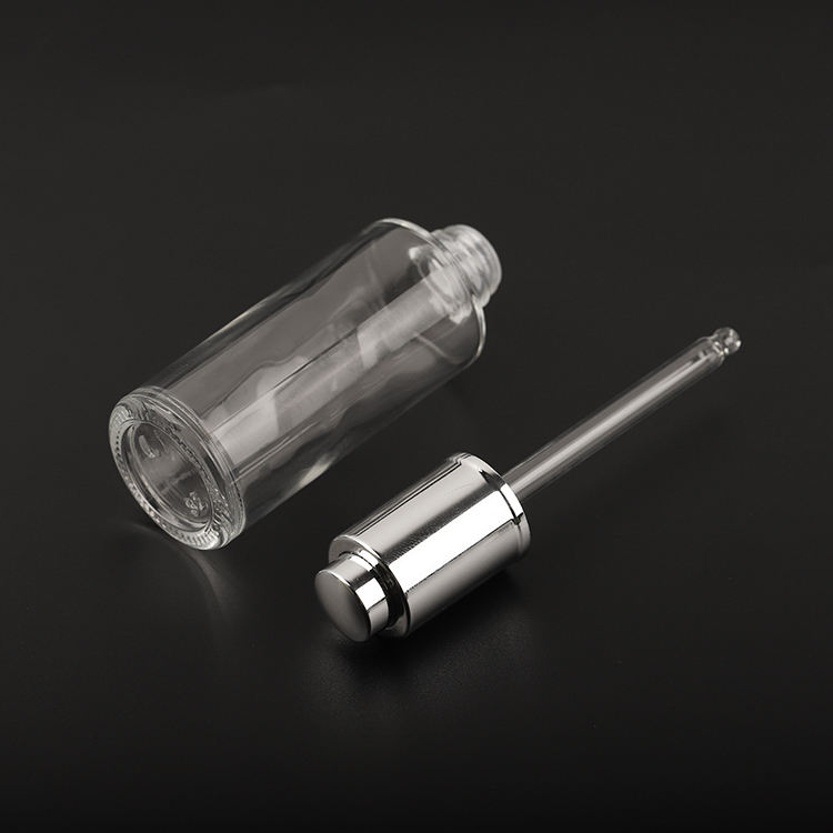 Custom Silver Lid Pressed Pump Glass Dropper 30ml 50ml 80ml Empty Glass Serum Bottle