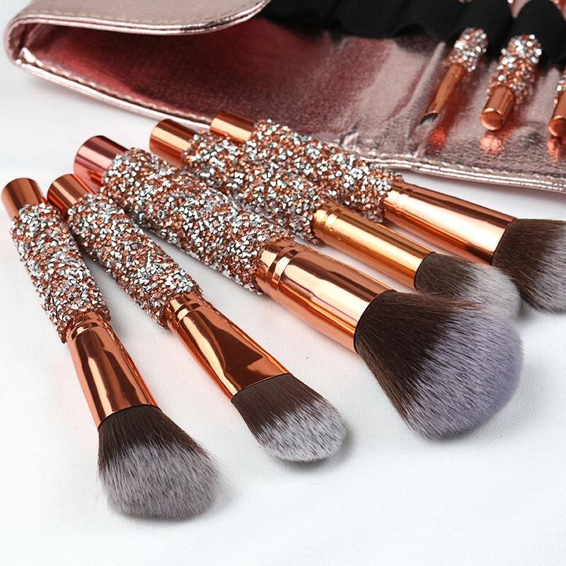 Rose Golden Glitter Handle 10pcs Makeup Brushes Crystal Diamond Foundation Brush Set With Pu Bag