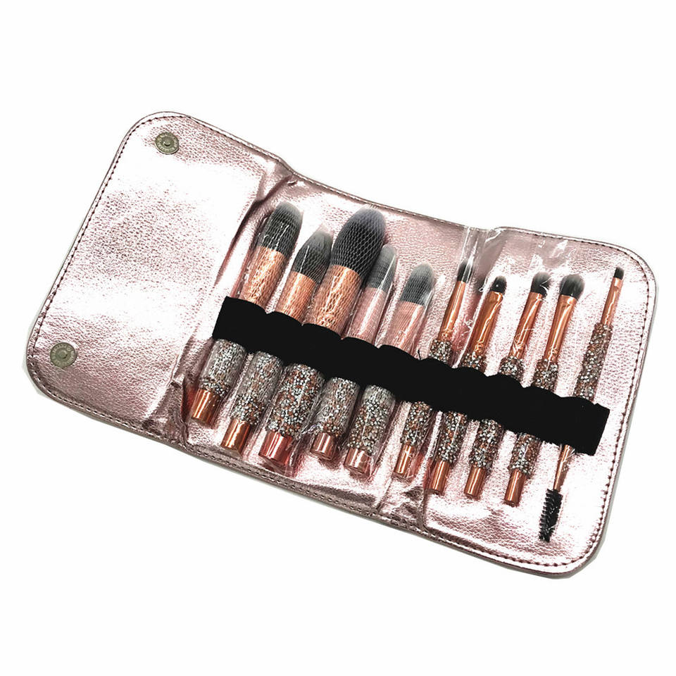 Rose Golden Glitter Handle 10pcs Makeup Brushes Crystal Diamond Foundation Brush Set With Pu Bag