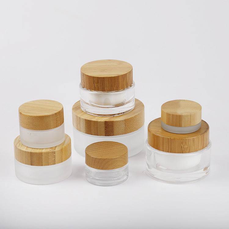 5g 15g 30g 50g 100g Natural Cream Packaging Round Shape Bamboo Lid Frosted Glass Jar