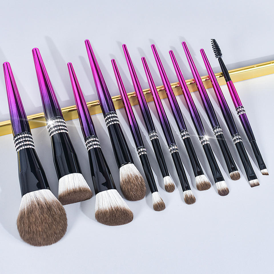 Purple Diamond Glitter Handle 12pcs Kabuki Luxury Makeup Brushes Custom Eye Makeup Brush Set With Bag