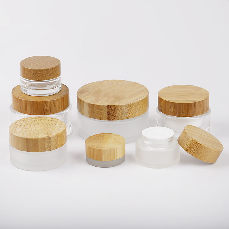 5g 15g 30g 50g 100g Natural Cream Packaging Round Shape Bamboo Lid Frosted Glass Jar