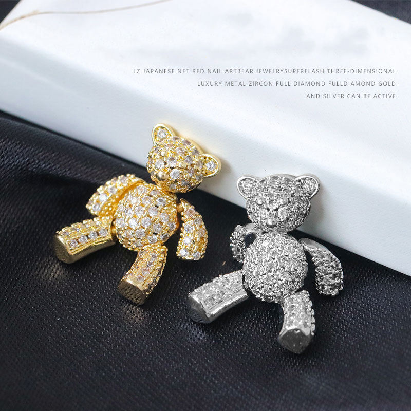 Shining Rhinestones Nail Decorations Silver Rose Gold Zircon Bear Nail Charms With Movable Limbs And Head