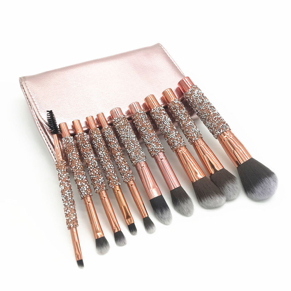 Rose Golden Glitter Handle 10pcs Makeup Brushes Crystal Diamond Foundation Brush Set With Pu Bag