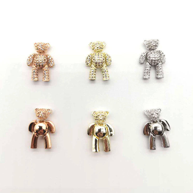 Shining Rhinestones Nail Decorations Silver Rose Gold Zircon Bear Nail Charms With Movable Limbs And Head