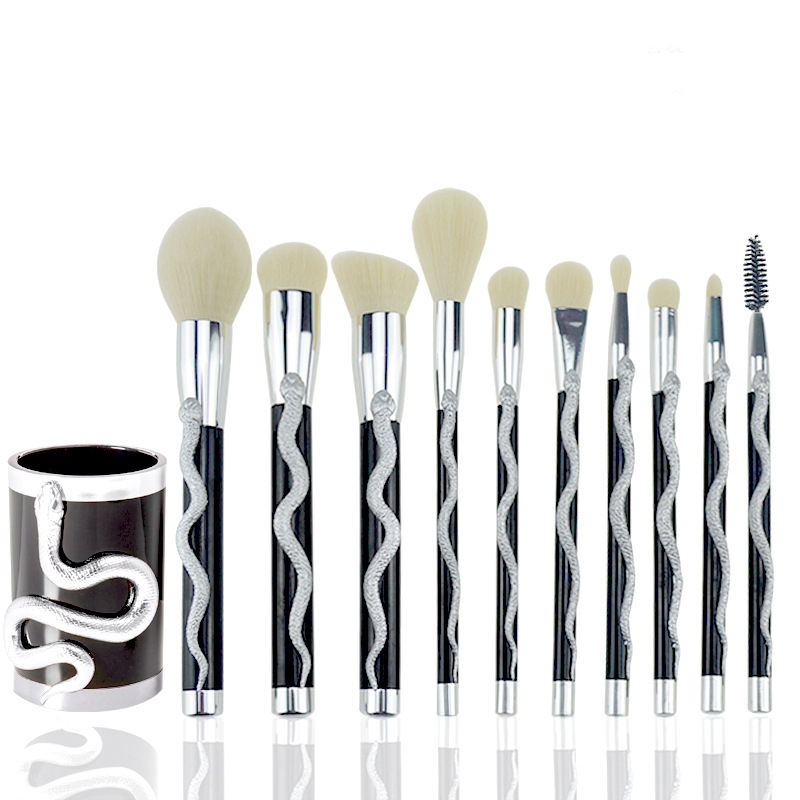 Snake Decoration Golden Luxury Synthetic Hair Makeup Brush Set Of 10 Pieces With Holder