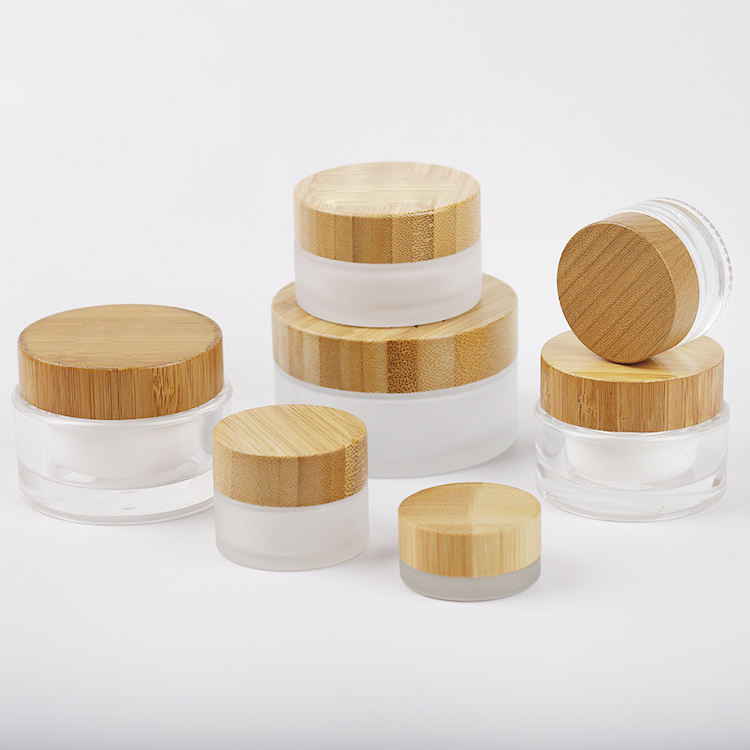 5g 15g 30g 50g 100g Natural Cream Packaging Round Shape Bamboo Lid Frosted Glass Jar