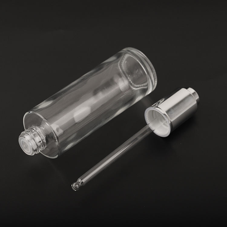 Custom Silver Lid Pressed Pump Glass Dropper 30ml 50ml 80ml Empty Glass Serum Bottle