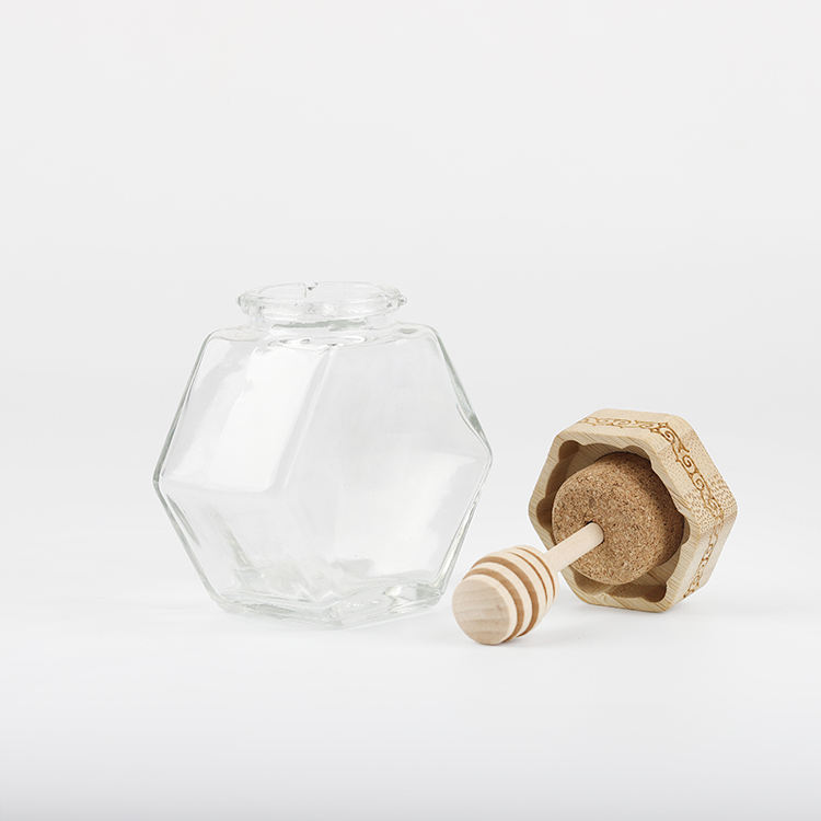 90ML Wholesale Hexagonal Storage Bee Jar With Bamboo Lid Thickened Glass Bottle Stirring Rod