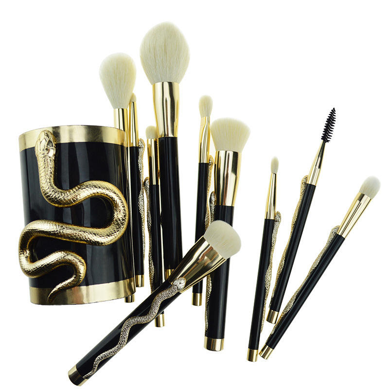 Snake Decoration Golden Luxury Synthetic Hair Makeup Brush Set Of 10 Pieces With Holder