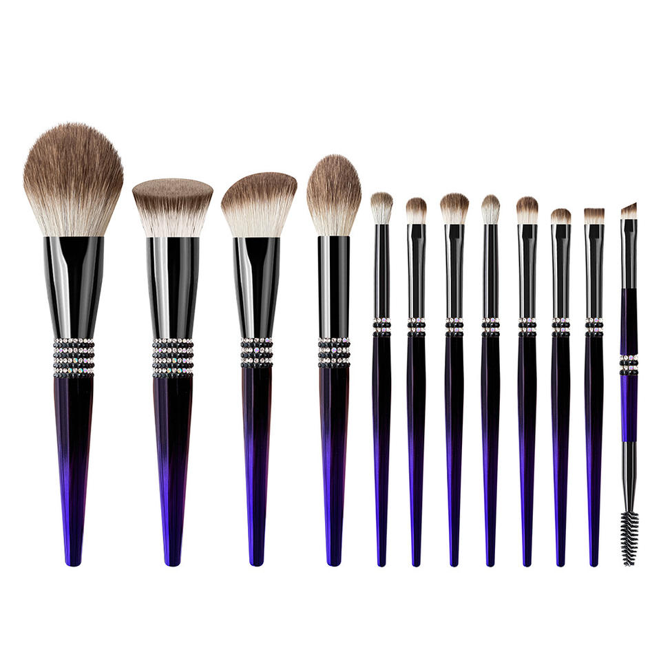 Purple Diamond Glitter Handle 12pcs Kabuki Luxury Makeup Brushes Custom Eye Makeup Brush Set With Bag