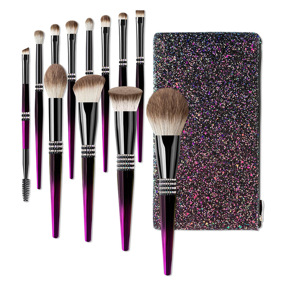 Purple Diamond Glitter Handle 12pcs Kabuki Luxury Makeup Brushes Custom Eye Makeup Brush Set With Bag