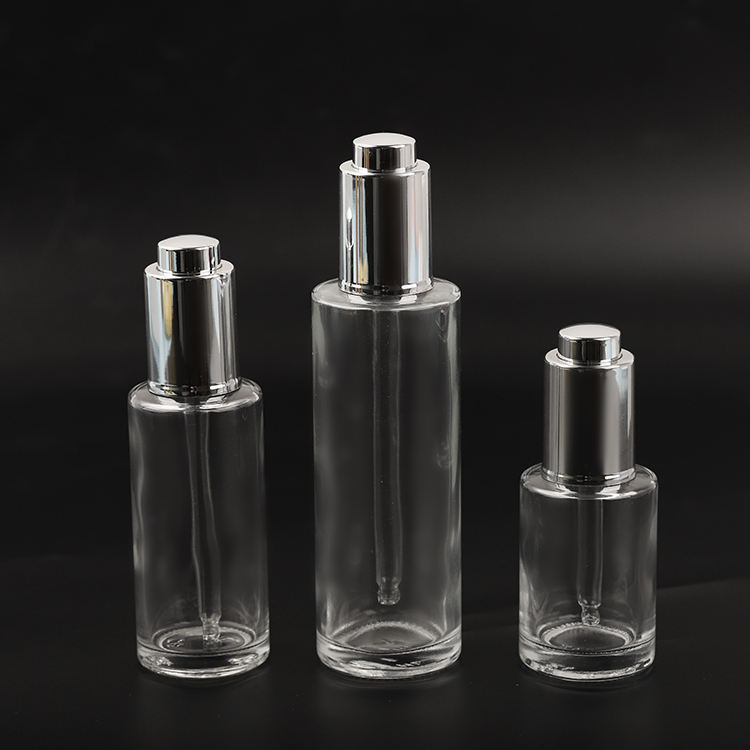 Custom Silver Lid Pressed Pump Glass Dropper 30ml 50ml 80ml Empty Glass Serum Bottle