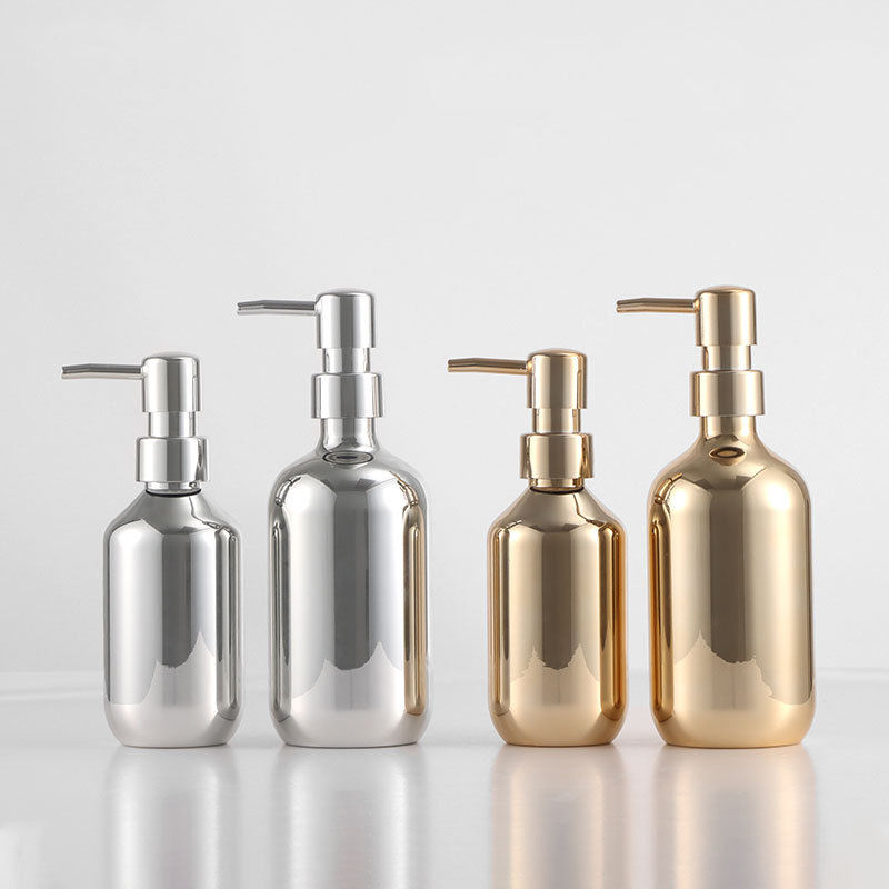 Luxury Pet 300ml 500ml Silver Electroplated Gold Round Plastic Lotion Bottle With Pump For Shampoo Conditioner Shower Gel Bottle